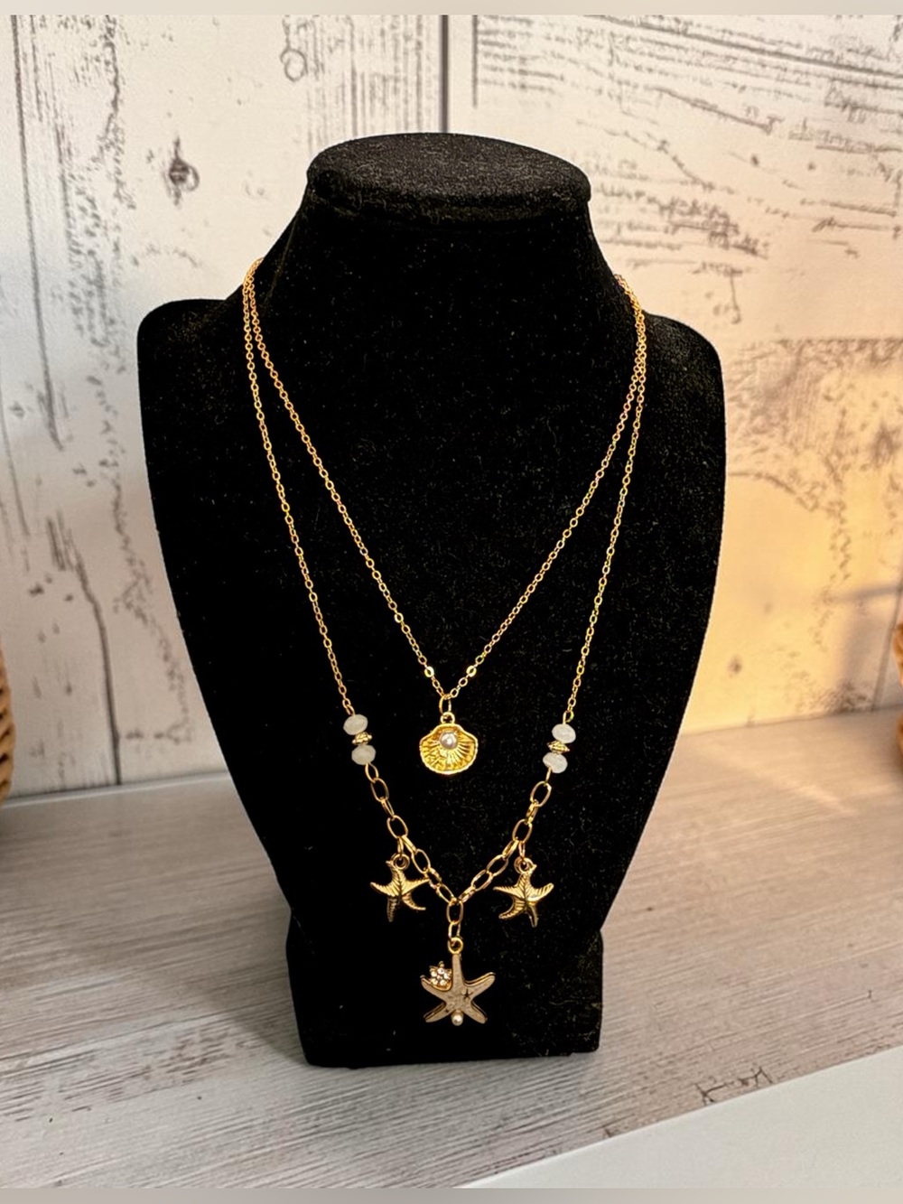 Gold-Tone Layered Starfish & Pearl Pendant Necklace